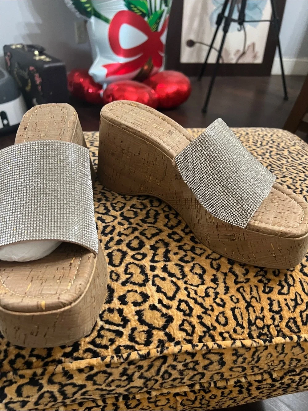 Madden Girl Tan Cork Platform Slides with Sparkle Crystal Strap